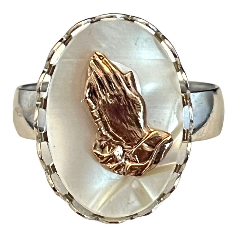 Vintage 1970s Praying Hands Ring Silver Tone Mother of Pearl Adjustable - 2F